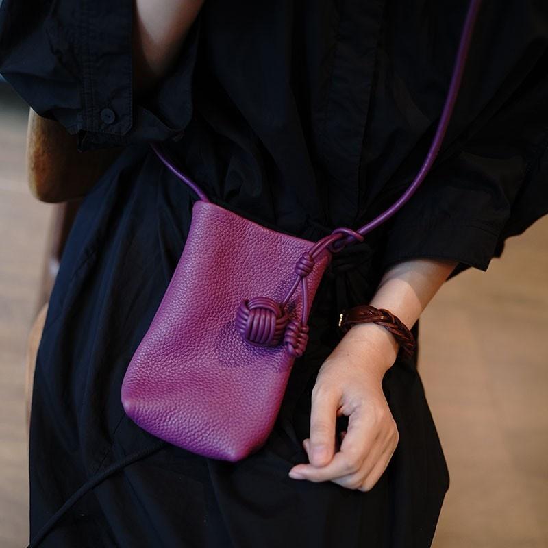 Women Crossbody Mobile Phone Bag Soft Pu Leather Cute Literary Mini Small Round Ball Pendant