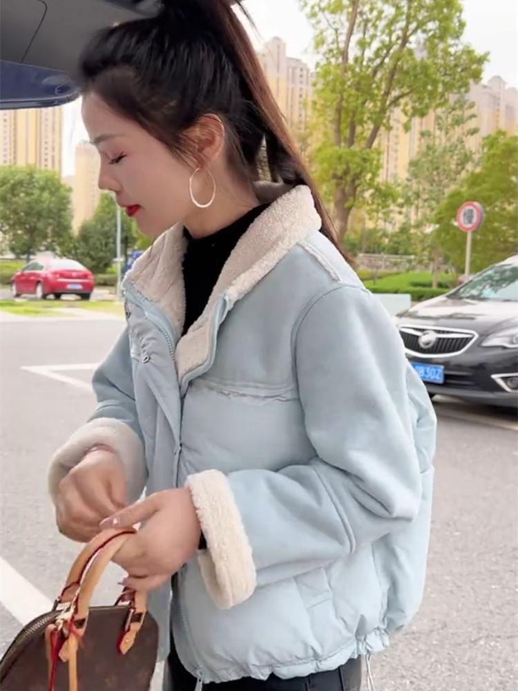 

Женская зимняя куртка из искусственного меха и хлопка со стойкой: Утепленное, Свободное, Маленькое, Теплое Пальто Medium небесно-голубой