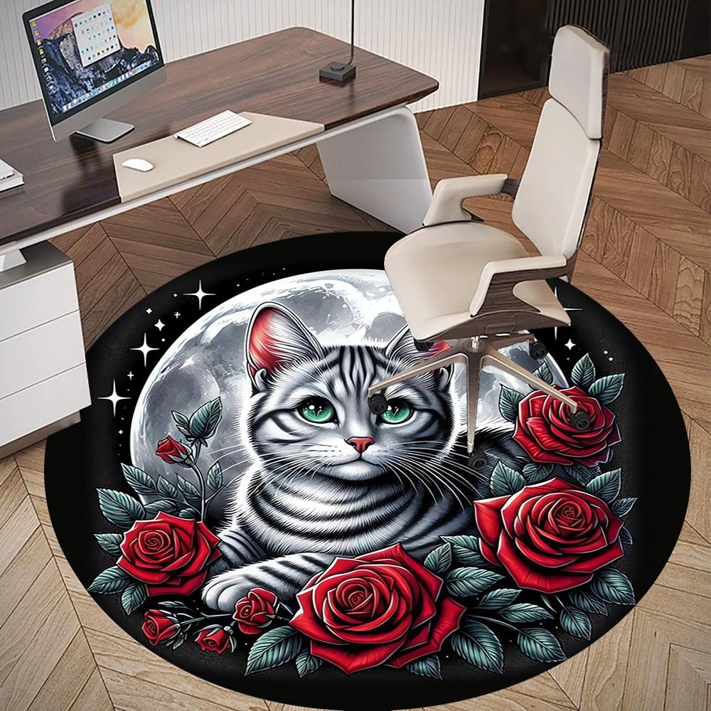 1pc Moonlit Cat Roses Round Chair Mat Area Rug - Non-Slip, Floor Mat for Office, Bedroom, Ideal Home Decor Christmas Gift P0811477