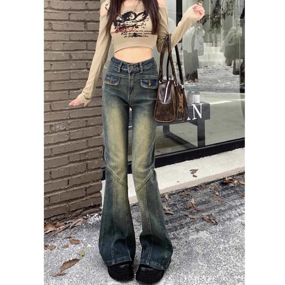 Spice girl American retro niche jeans women's autumn slim slim slim slim pants high waist wide leg pants ins