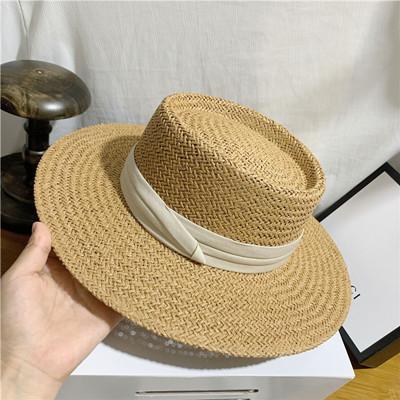 French Flat Top Hat Women's Summer Straw Hat Holiday Lafite Woven Beach Hat Internet celebrity Sunscreen Shade British Top Hat