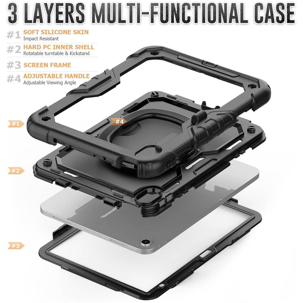 For iPad 10th 10.9 2026, Military Grade Shockproof Protective Silicone Cover 360 Folding Handle Grip + Handle Shoulder Strap
