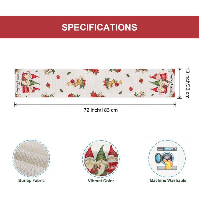 Christmas Gnomes Table Runner 13x72 Inch, Merry Christmas Poinsettia Winter Kitchen Dinning Table Decoration for Home Party Decor