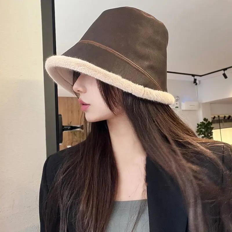 WTEMPO Solid Color Autumn Winter Splicing PU Bucket Hats Female Faux Fur Plush Cold-proof Windproof Hats