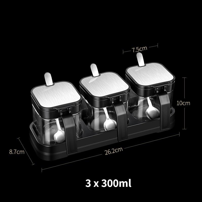 3pcs Seasoning Box Set Glass Spice Container Jar Set Kitchen Sealed Salt Shaker with Lid with Spoon with Tray Seasoning Bottle