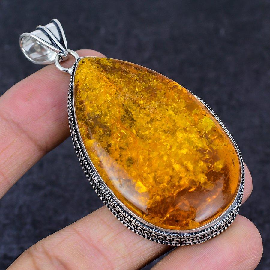 Natural Baltic Amber Gemstone 925 Sterling Silver Jewelry Pendant 2.88" w3A84
