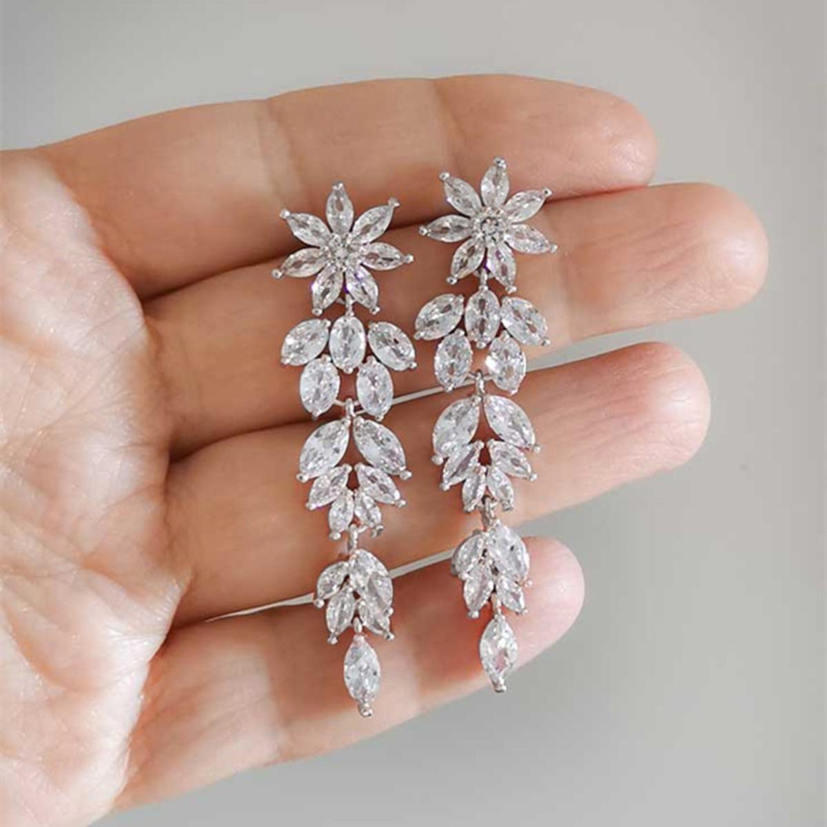 Elegant Long Sparkling Cubic Zirconia Flower & Leaf Earrings