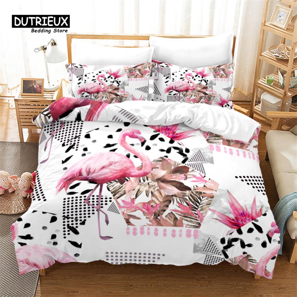 Soft Flamingo 3D Print Bedding Set Fresh Style Cartoon Animals Green Leaves Tropical Fruit Floral Duvet Cover With Pillowcases