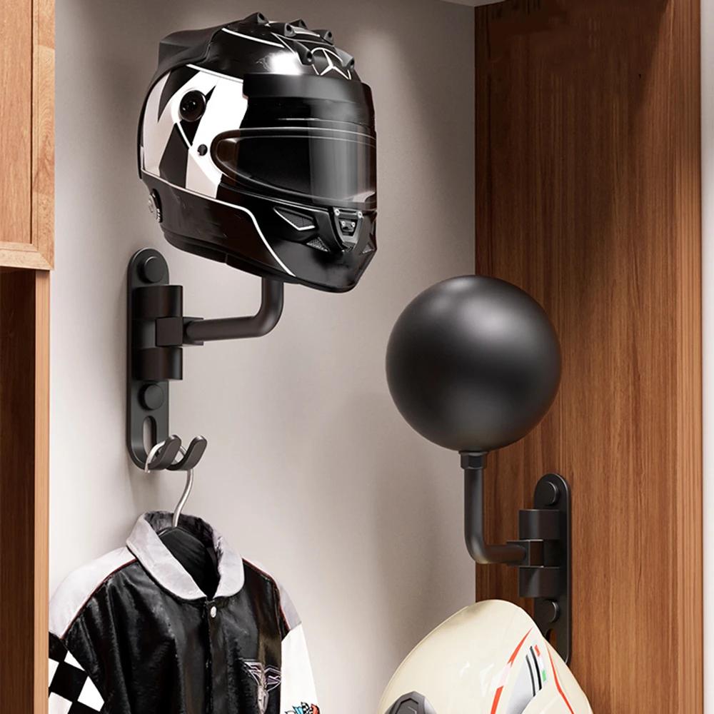 Motorcycle Helmet Wall Mount Holder - 180 Degree Rotating Rack with Hooks for Bike, Baseball, Cycling, Ski Helmets Storage