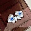 Cute Blue Flower Oil Drip Stud Earring for Women Girl Elegant Crystal Zircon Square Geometric Temperament Fashion Jewelry Gift