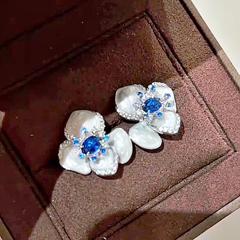 Cute Blue Flower Oil Drip Stud Earring for Women Girl Elegant Crystal Zircon Square Geometric Temperament Fashion Jewelry Gift