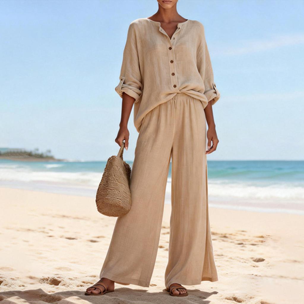 Women's Casual V-neck Long Sleeved Shirt Long Pants Two-piece Set