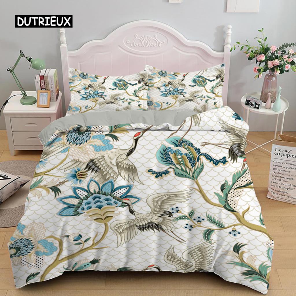 Kranich-Druck Bettwäscheset Luxuriöser Bettbezug Queen-Size Bettdeckenbezugsets für Kinder Teenager Schlafzimmerdeko Mikrofaser Steppdeckenbezug