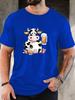 Cartoon Cow Beer Graphic Print Unisexs Crew Neck Short Sleeve Tee Soft Summer Top For Drink Lover Daily Street Basic Outfit Wear
