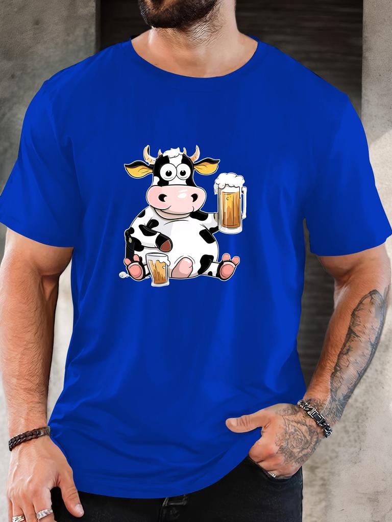 Cartoon Cow Beer Graphic Print Unisexs Crew Neck Short Sleeve Tee Soft Summer Top For Drink Lover Daily Street Basic Outfit Wear