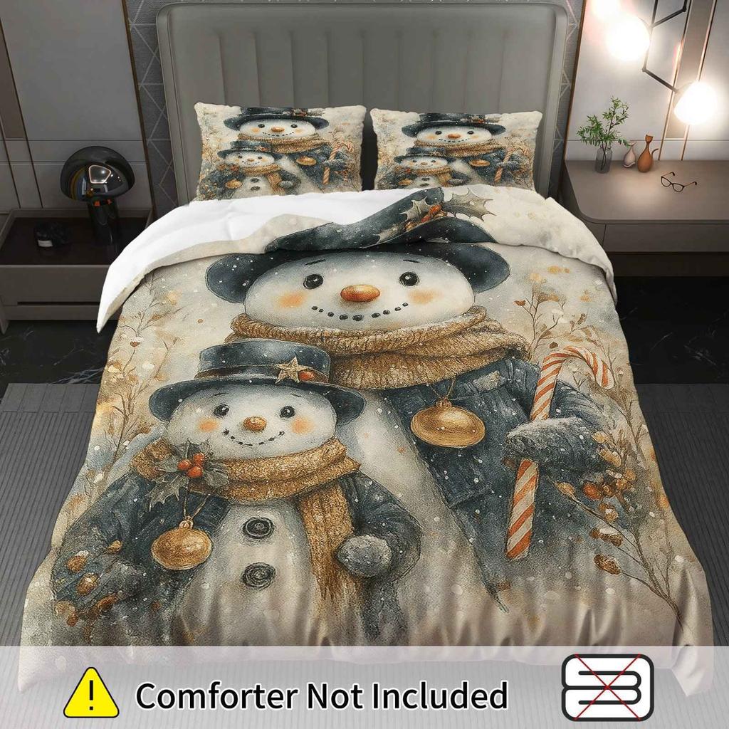 3pcs Festive Snowman Christmas Duvet Cover Set - Cozy Winter Theme with Zipper Closure, Machine Washable Polyester