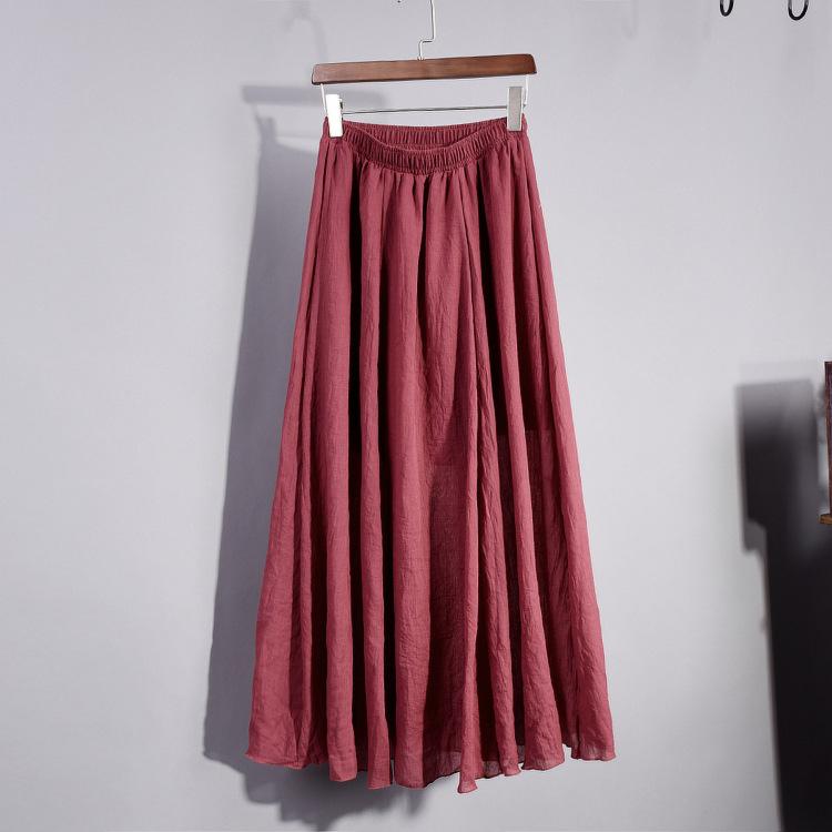 Women's Elegant High Waist Elastic Waist Linen Pleated Long Skirts Ladies Slim Casual Skirt Saias Summer