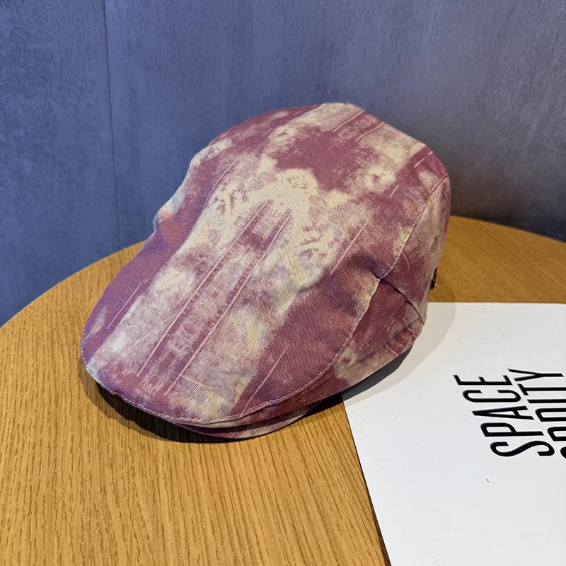 Retro Tie-dye Forward Hat Women's Spring and Summer Versatile Face Small Beret Big Head Circumference Reverse Hat New