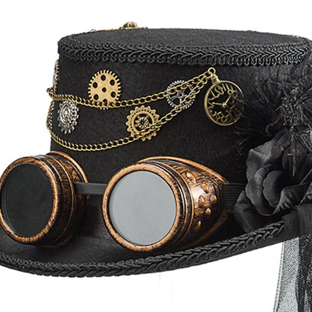 Gothic Lace Veil Tall Hat With Goggles and Metal Chain Gear Design Soft Wool Top Hat For Renaissances Fairs and Concerts