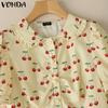 VONDA Women Summer Doll Collar Puff Sleeve Buttons Up Print Casual Blouse