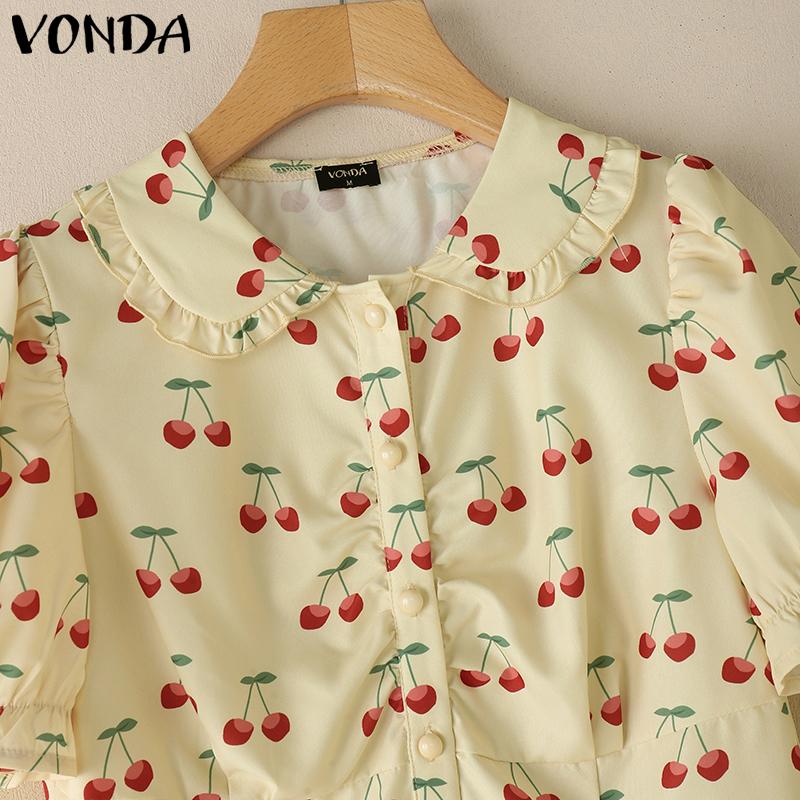 VONDA Women Summer Doll Collar Puff Sleeve Buttons Up Print Casual Blouse