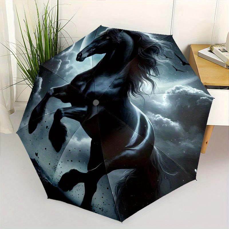 

Black Stallion Automatic Open/Close Umbrella - Windproof, Portable Folding Design with 8-Rib Durability, Elegant Horse Silhoue (as the picture,Iron&8K)