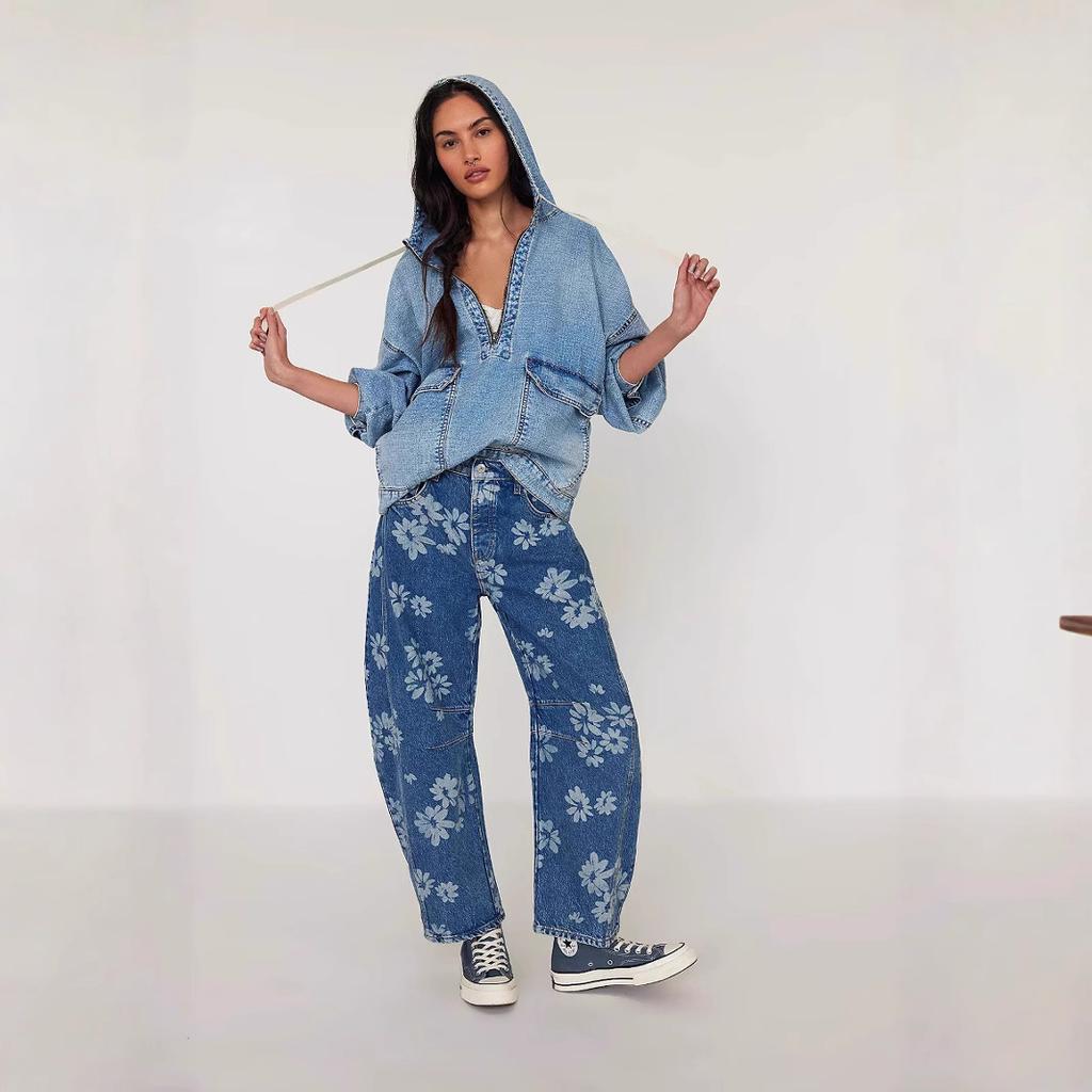 Light Blue Oversized Denim Hoodie with Half-Zip and Drawstrings