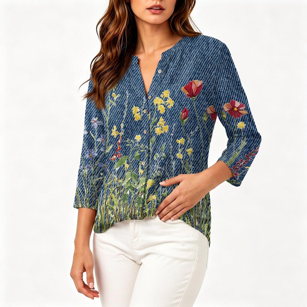 Women's Vintage Floral Print Henley Button Neck Three Quarter Sleeve Linen Cotton Blouse Casual Loose Fit Shirt for Everyday Wear