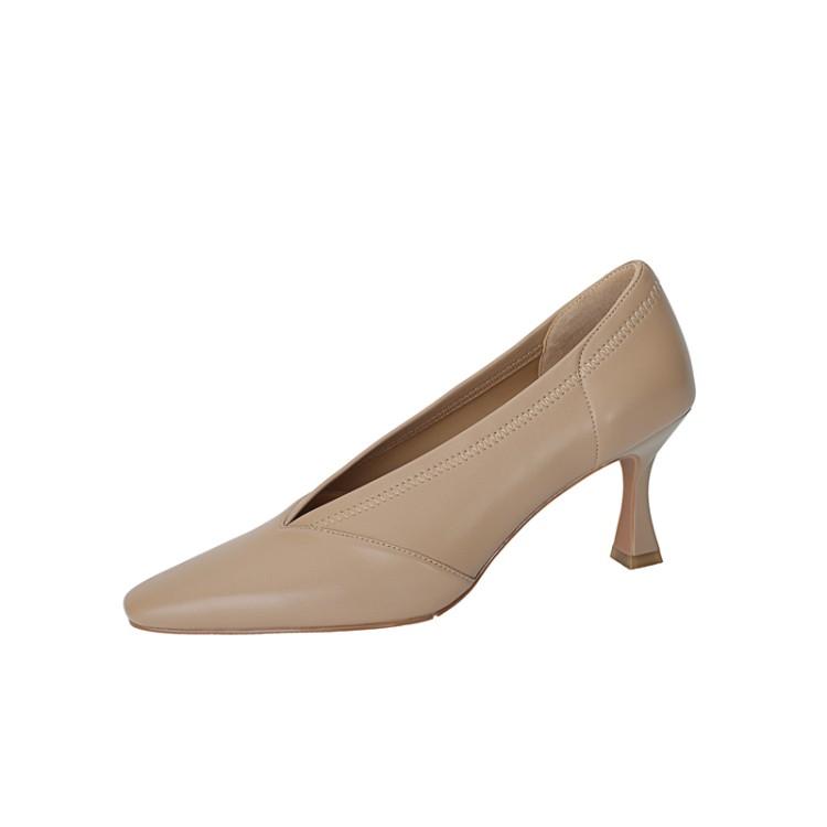 Fashion Spring Women Shoes Small Square Toe Thin Heel Women Pumps Retro Genuine Leather Shoes Women V-mouth High Heels Handmade Shoes
