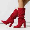 Women Pleated Flocks High Thick Heel Mid-calf Boots for Outdoor Office Nightclub Evening Party Wedding Banquet Botas De Mujer