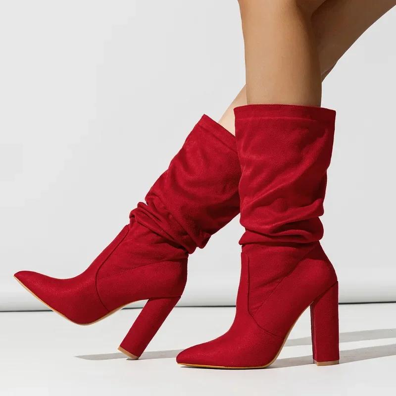 Women Pleated Flocks High Thick Heel Mid-calf Boots for Outdoor Office Nightclub Evening Party Wedding Banquet Botas De Mujer