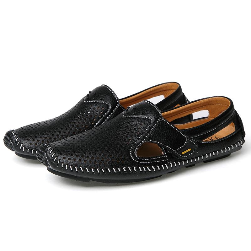 Fashion Men Sandals Men Breathable Footwear Mesh with Hole Cow Leather Shoes Male Comfortable Soft Sole Men's Casual Shoes Men Loafers