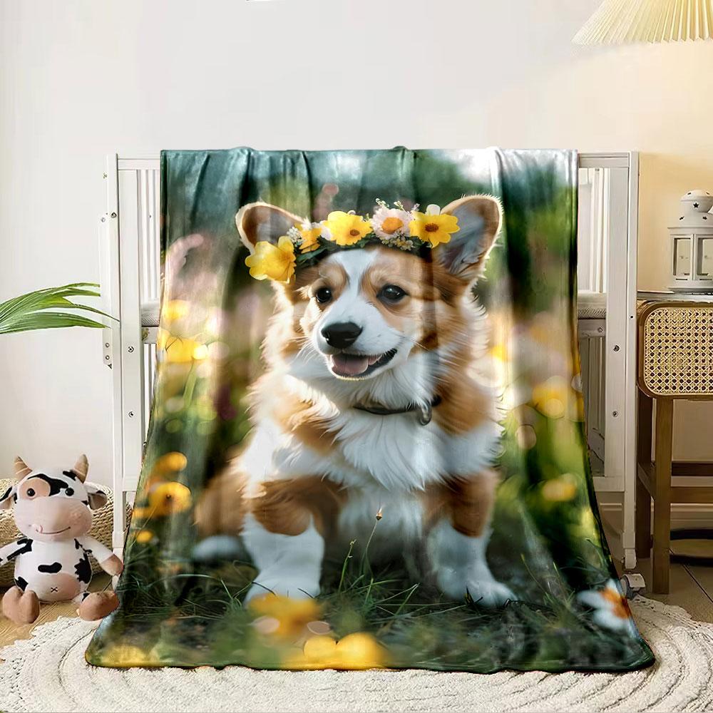 A brown and white furry animal with a flower crown in a sunny field. for all seasons blanket lunch break throw gift 80cm x 120cm