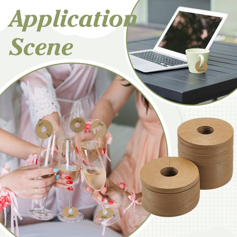 FINGERINSPIRE 200 Pcs Paper Drink Name Tags for Wine Glasses 2inch Round Tan/White Color Wine Glass Marker Blank Wine Glass Charm Cocktail Champagne