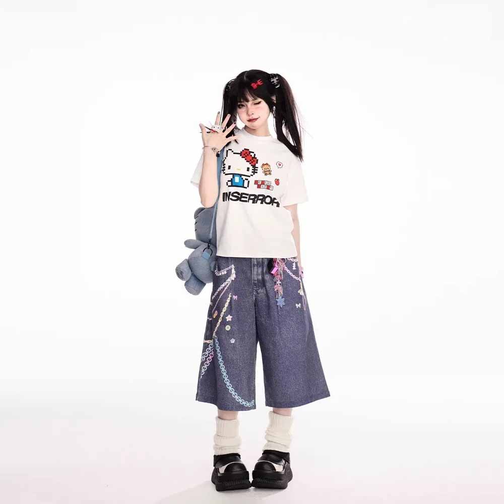 Summer Pleated Pockets Wide Leg Jean Shorts Retro Y2k Gyaru Streetwear Rainbow Chain Print Bermuda Pants for Women