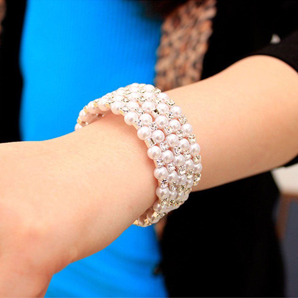 Crystal Chain Pendant Charm Wide Winding Bangles Pearl Bracelets Multilayer