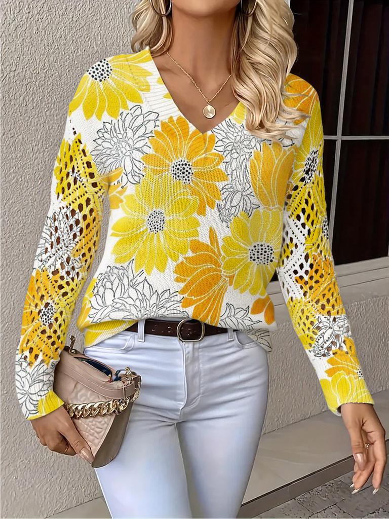 Neues bedrucktes V-Ausschnitt-Oberteil Damen beliebter Pullover Langarm Frühling und Herbst Pullover