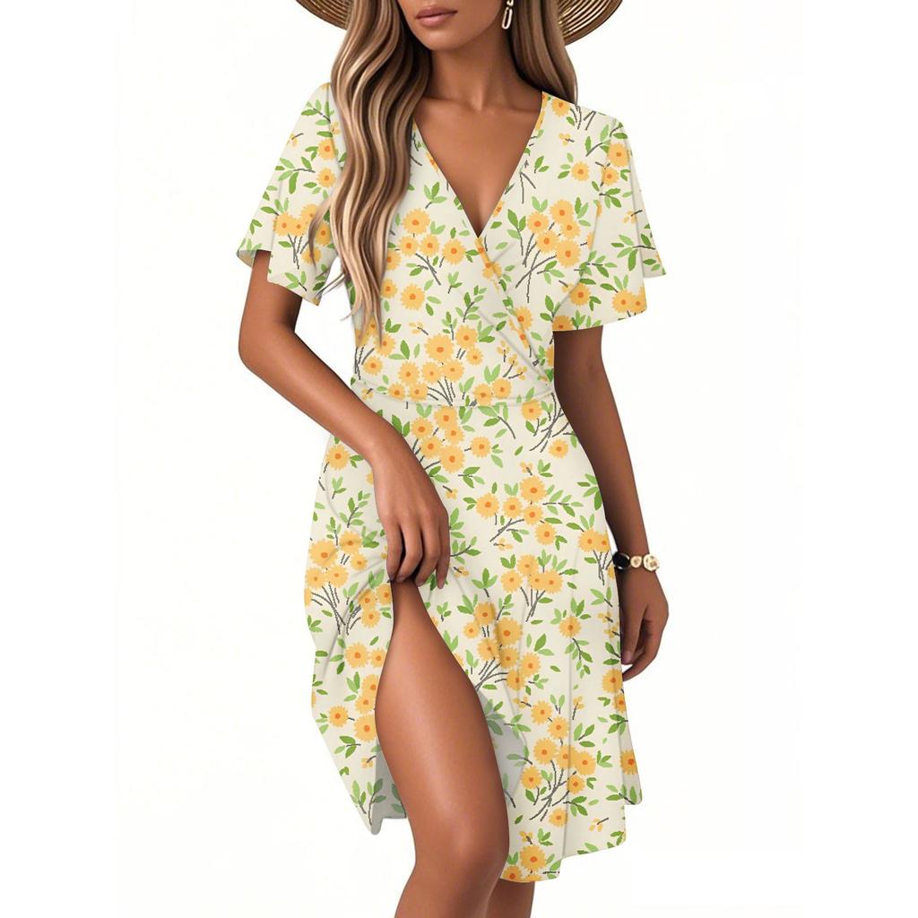 Women's Casual Fashion Dress Vintage Floral Floral Short Sleeve V-neck Dress