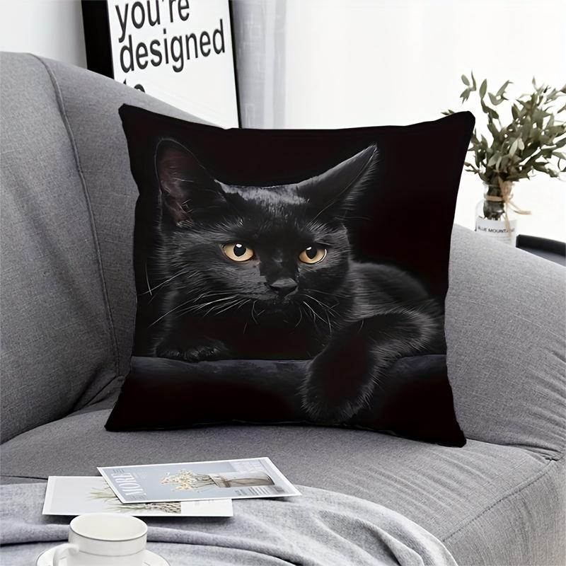 1Pc Black Cat Staring Cute Themed Printed Throw Pillow Cover, Suitable For Sofa, Bedroom, Living Room, Cool Gift For Cat Lovers.