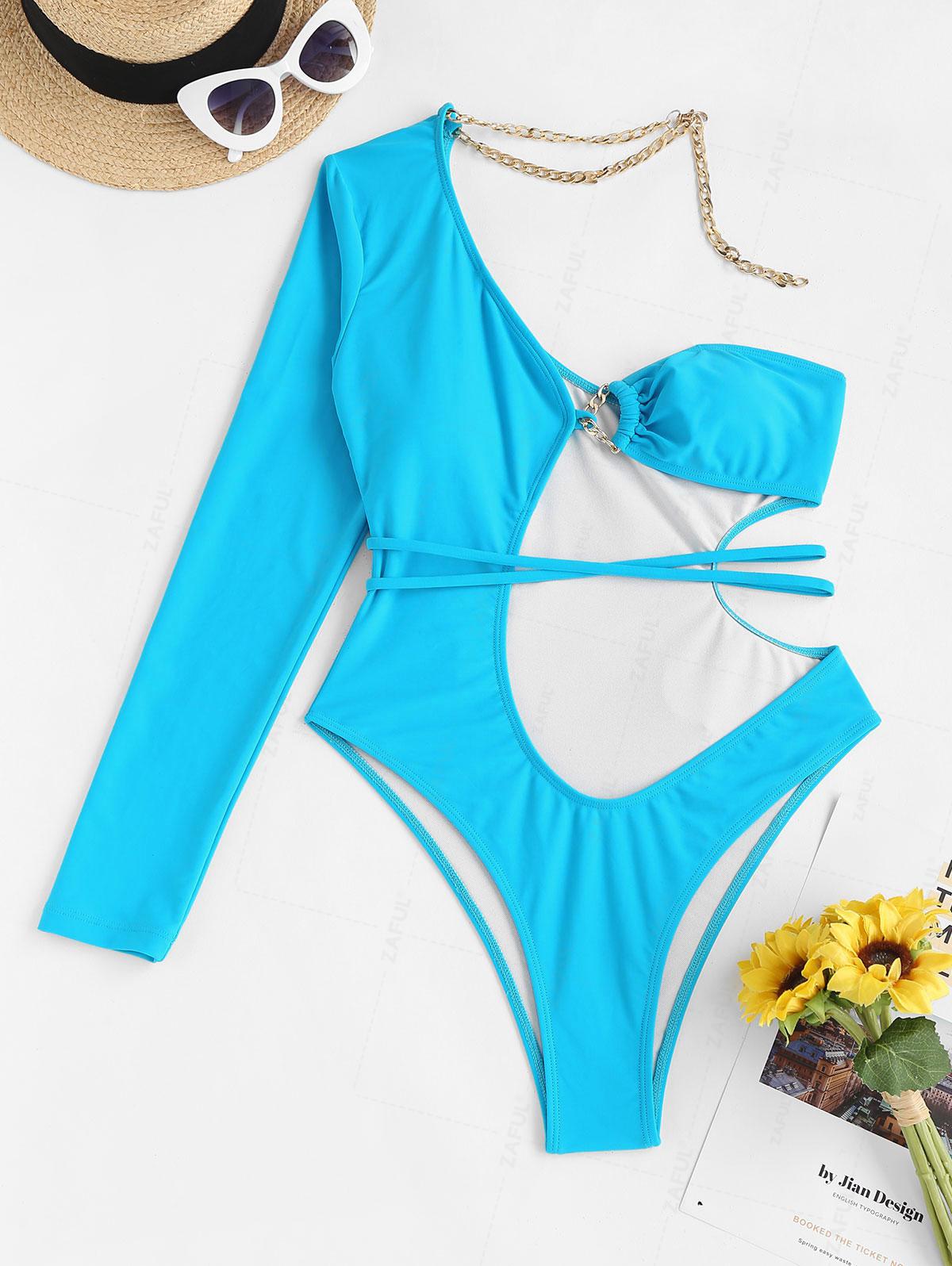 

ZAFUL Асимметричный цепочный слитный купальник с одним рукавом и вырезом XL синий