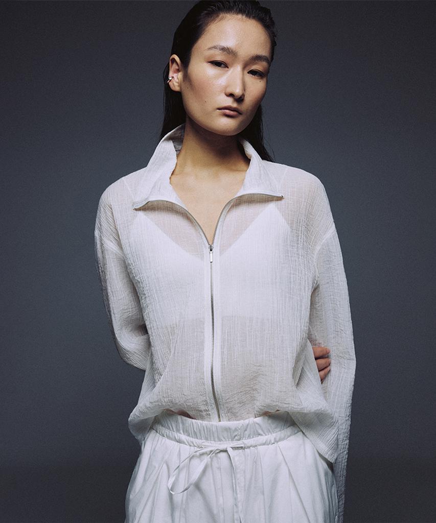 Umarmung Crinkled Cotton Zipup Jacket_White