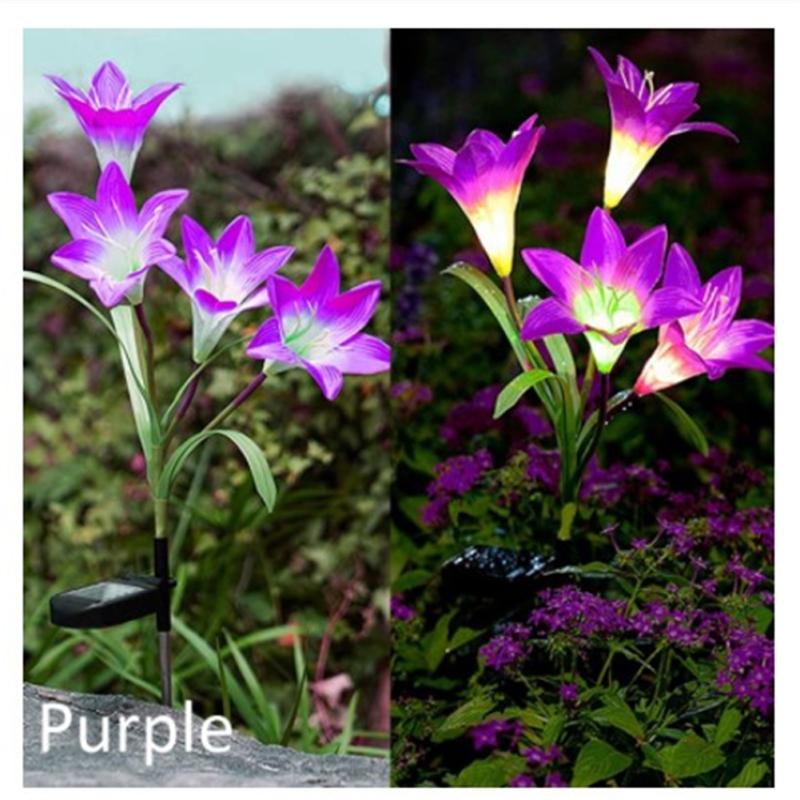 Outdoor Solar Lights With 4 Lily Flowers Ip65 Waterproof Adjustable For Garden Pathway Patio
