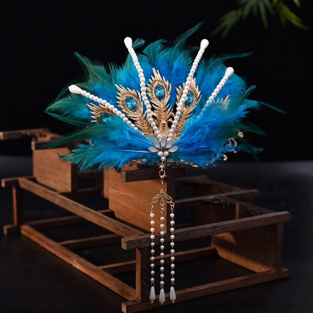Vintage Chinese Hanfu Hair Crown Jewelry Peri Feather Tiara Rhinestone Phoenix Coronet  Party