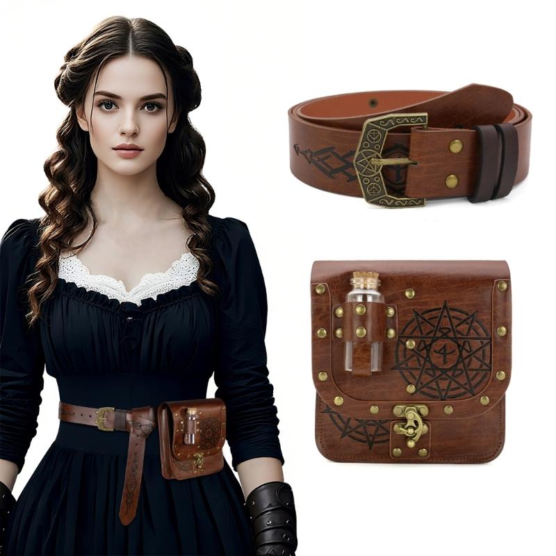 Set of 2pcs Medieval Style Alchemist Bottle Waist Pouch Belt Set For Role Playing Costume Accessories PU Leather