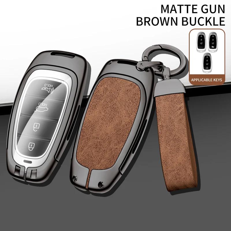 For Hyundai I30 Ix35 Kona Zinc Alloy Leather Car Key Case Cover Encino Solaris Azera Keychain Remote Shell Holder Accessories