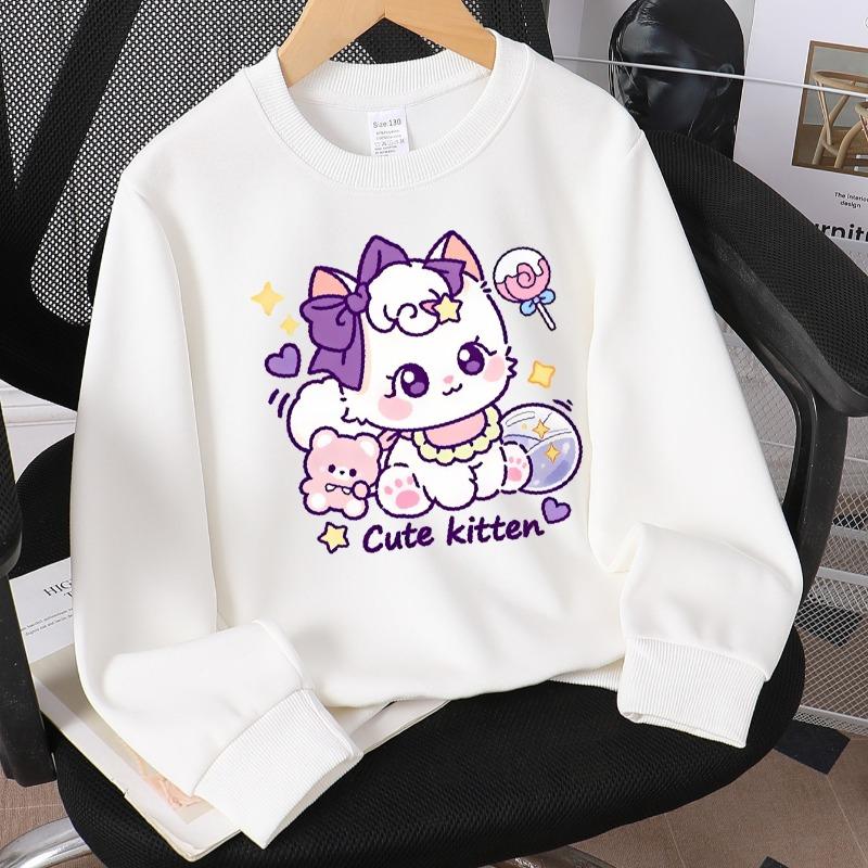 Kids Crewneck Sweatshirt, Cute Kitten with Bow & Stars Print, Soft Casual Pullover for Fall Winter