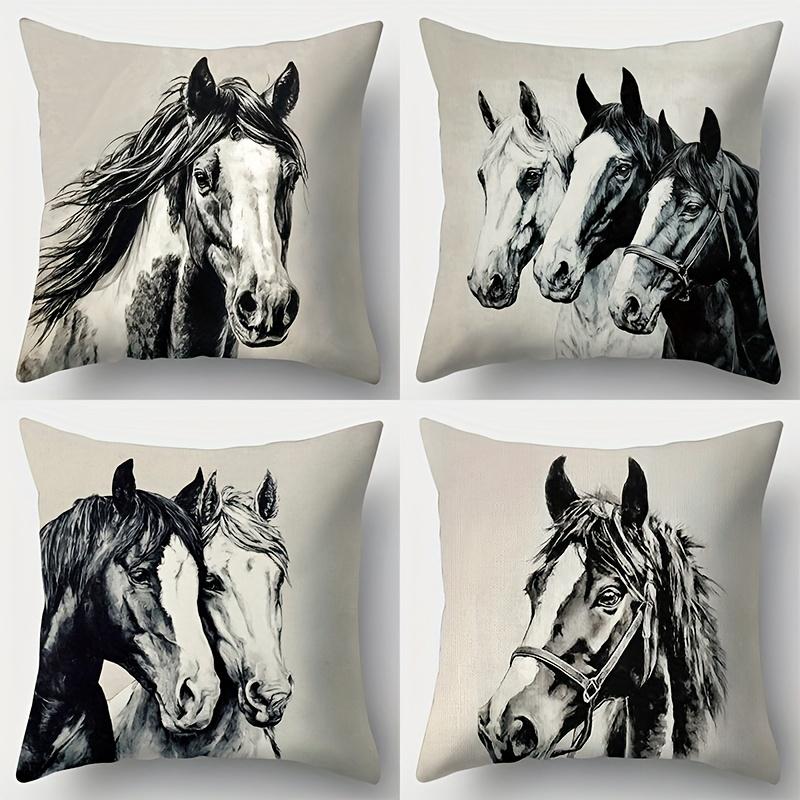 

4PCS 2D Flat Print Pillow Covers: Black & White Horse Portrait Design, Stylish & Lively. For Daily Gatherings, Festivals, 35x35cm 4pcs