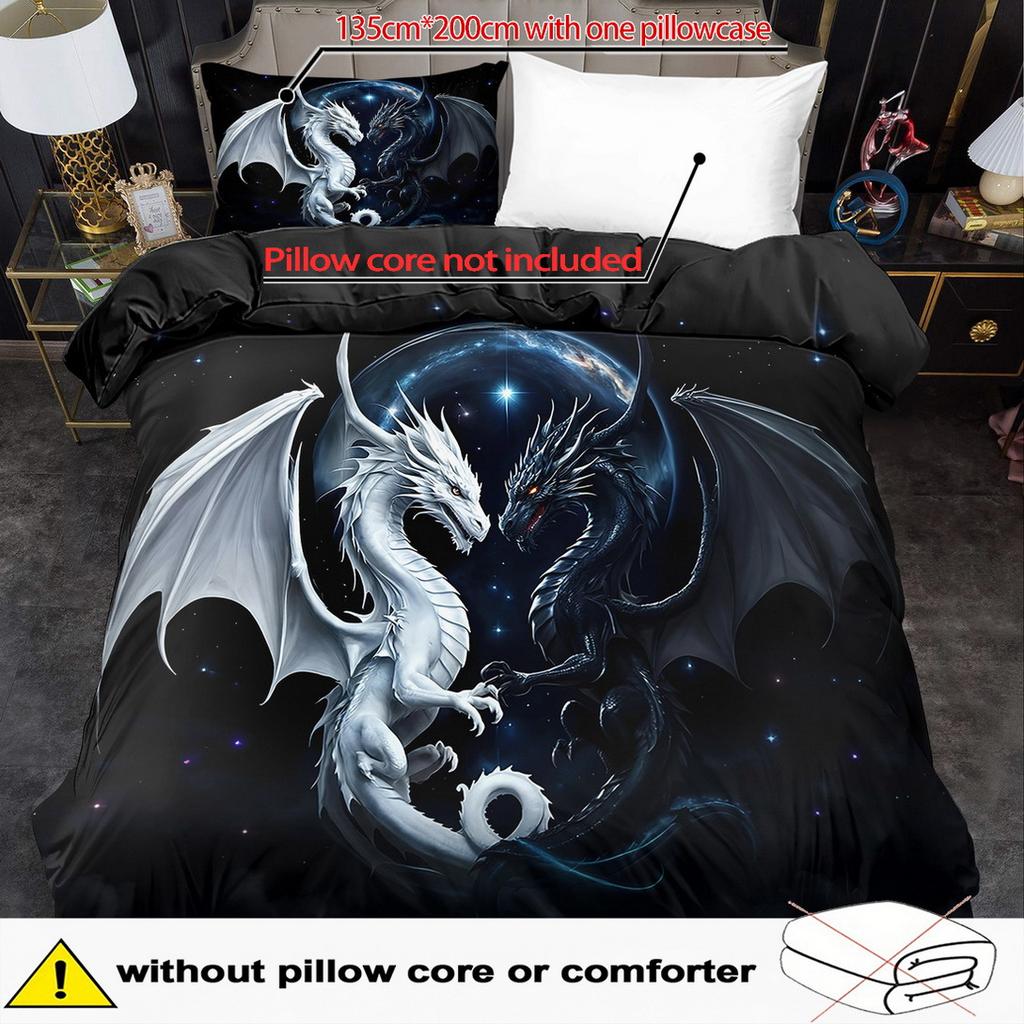 2/ 3-teiliges Bettwäsche-Set, Tier-Schwarz-Weiß-Drachen-Druck-Bettbezug-Set, Königs-Königin-Stil Bettwäsche-Set, Maschinenwaschbar