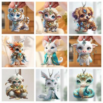 Chinese Style Acrylic Zodiac Pendant Cartoon Hanging Flat Pendant Car Backpack Keychain  New Year