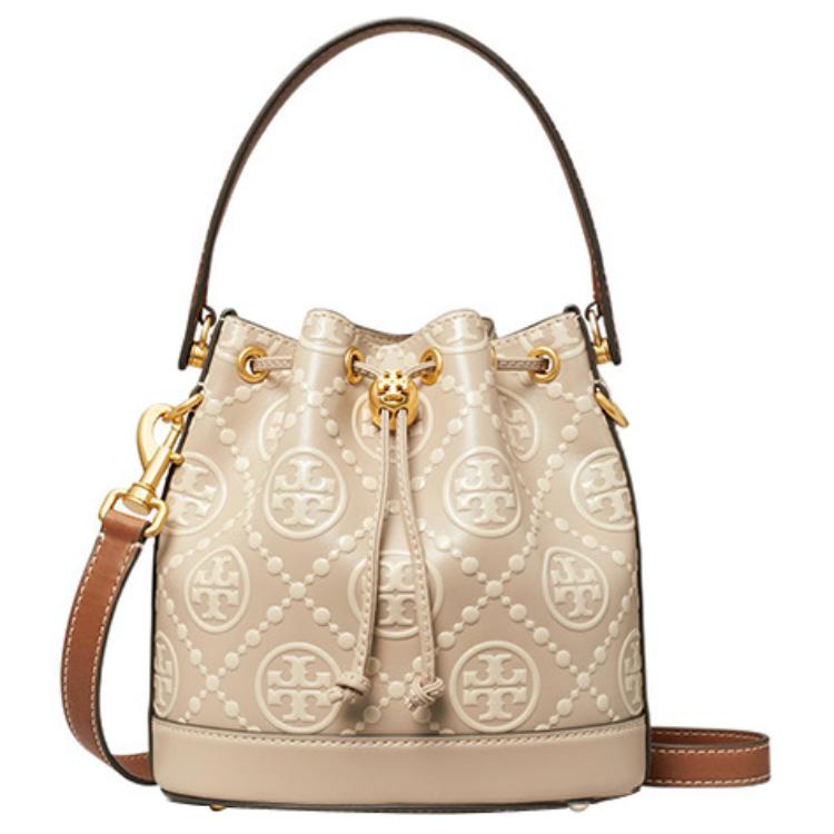 Tory Burch T Monogram 21 Drawstring Closure Detachable Shoulder Strap Leather Bucket Bag Women bags Longan-Brown Cream-White 146294-020